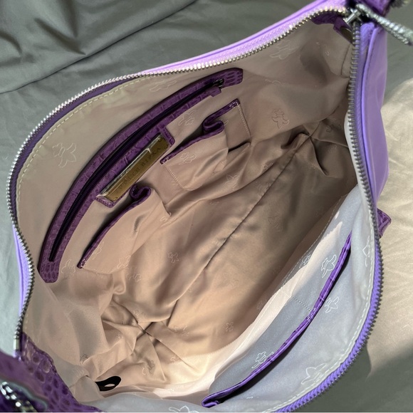 Judith Ripka Purple Leather CROCO Embossed Pewter Wrap Pocket Hobo Shoulder Bag - Picture 12 of 16